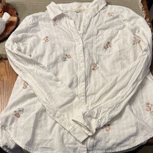 Lucky Brand Cream Button-Down Top with Peach Floral Embroidery